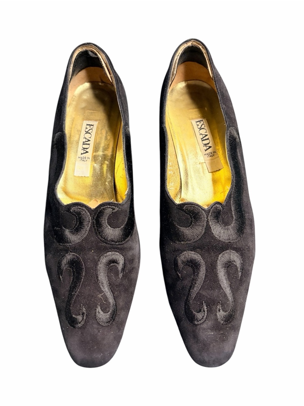 Vintage 1980’s Escada Black Suede Embroidered Slip-On Heels